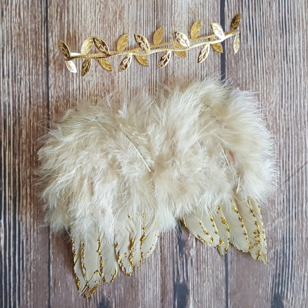 Gold Angel Wings and Gold Leaf Headband Baby Photo Prop Set, Beige Feather Angel Wings for Newborn Photography, WINGS AND HEADBAND