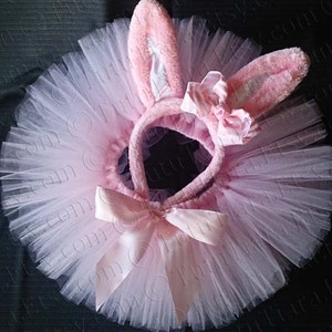 May include: A pink tulle tutu with a pink satin bow and a pink bunny ear headband with a pink and white striped bow.