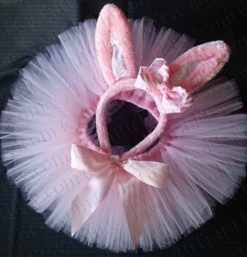 May include: A pink tulle tutu with a pink satin bow and a pink bunny ear headband with a pink and white striped bow.