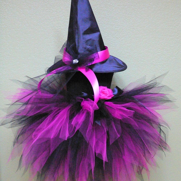 Halloween Witch Tutu Costume - Fuchsia Pink Black Pixie Tutu - ROCKSTAR WITCH, 3 Tiered Pixie Tutu & Witch Hat, Girls Halloween Costume
