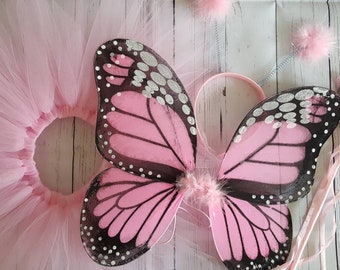 Girls Halloween Costume - Pink Pixie Tutu & 15"x13" Monarch Butterfly Wings, Pink Butterfly Wings Costume with Wand - headband not included