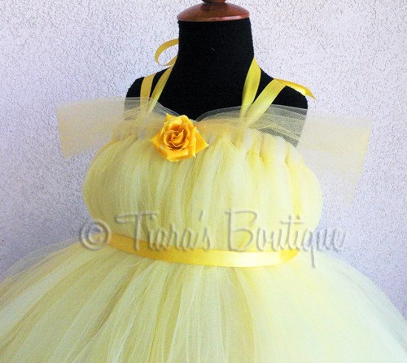 Belle Inspired Tutu Dress Includes a Belted Tutu Dress with Draping Tulle Sleeves and Decoration Yellow Princess Tutu Dress
