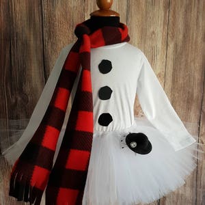 Snowman tutu set, girls snowman tutu costume, long sleeved shirt, less full tutu, red buffalo plaid scarf and mini top hat for girls image 3
