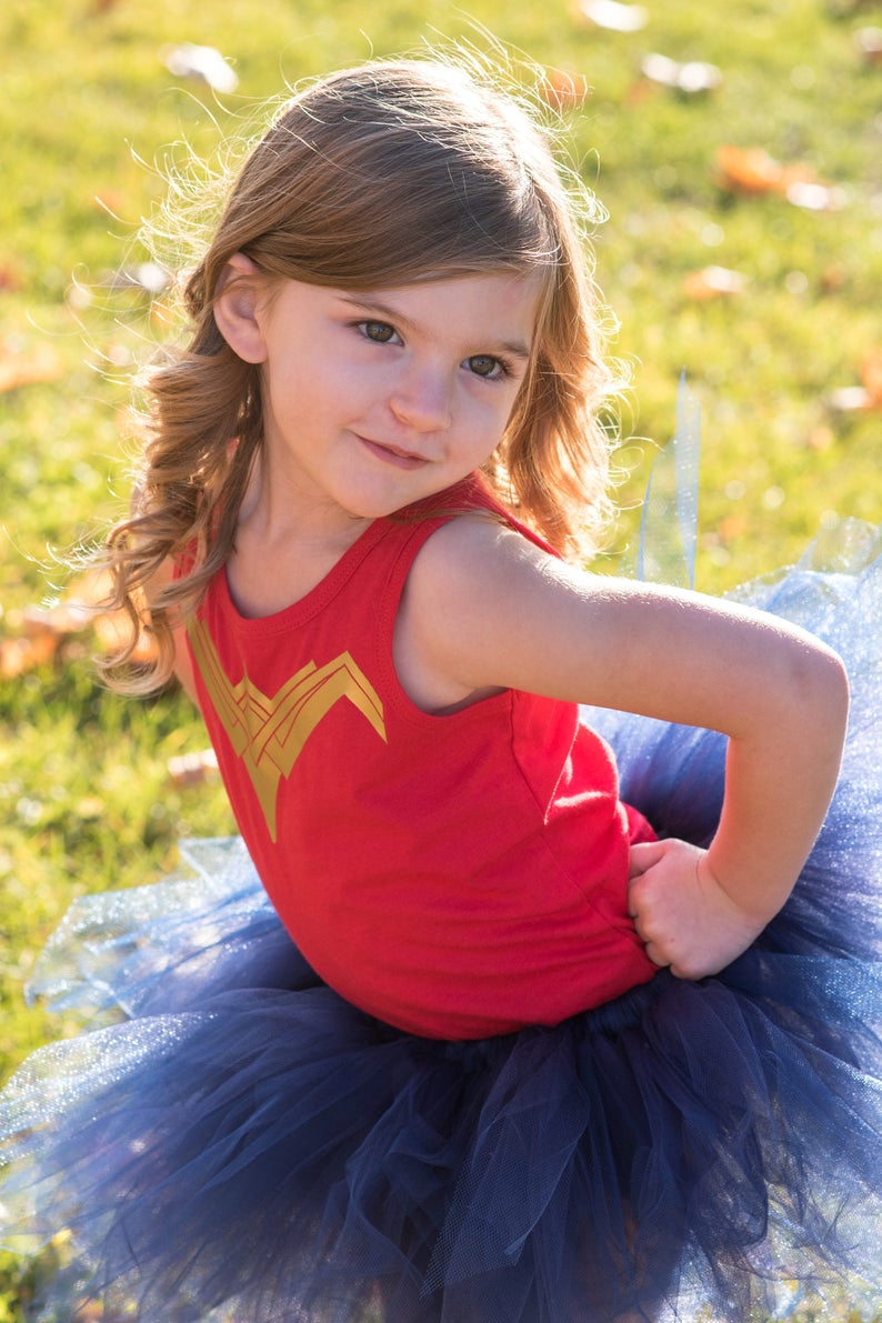New Wonder Woman Tutu Costume 2017 Wonder Woman Tutu Set Red and Gold Wonder Woman Shirt /& Navy Blue Extra Full Pixie Tutu Skirt