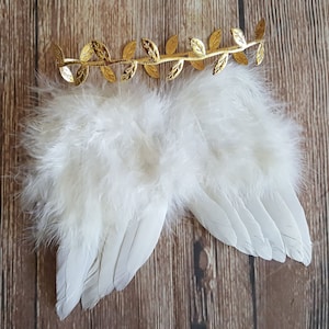 Angel Wings and Gold Leaf Headband Baby Photo Prop Set, White Feather Angel Wings for Newborn Photography, WINGS AND HEADBAND image 1