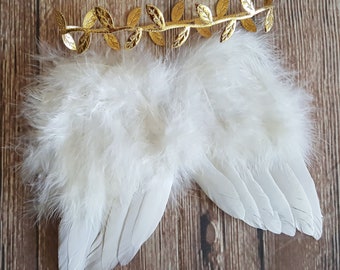 Angel Wings and Gold Leaf Headband Baby Photo Prop Set, White Feather Angel Wings for Newborn Photography, WINGS AND HEADBAND