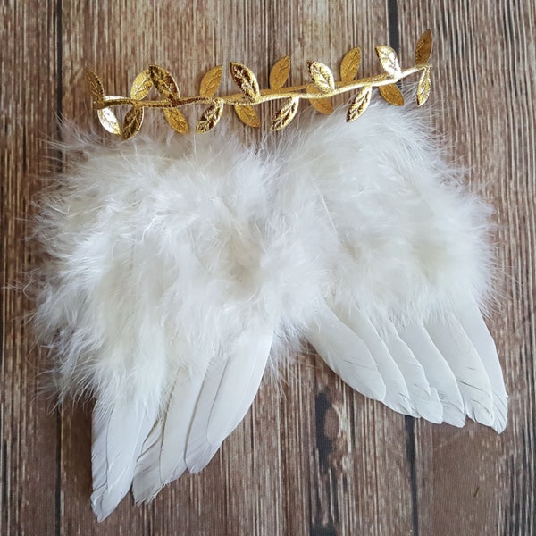 Angel Wings and Gold Leaf Headband Baby Photo Prop Set, White Feather Angel Wings for Newborn Photography, WINGS AND HEADBAND