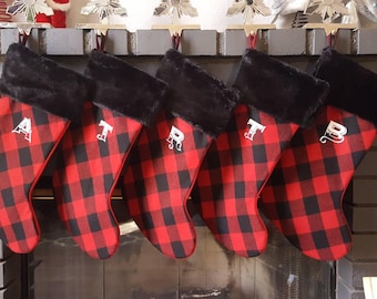 Custom personalized Christmas stockings, red buffalo plaid and black fur stockings with white initial, farmhouse buffalo check stockings