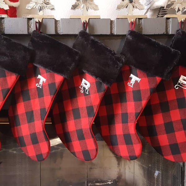 Custom personalized Christmas stockings, red buffalo plaid and black fur stockings with white initial, farmhouse buffalo check stockings