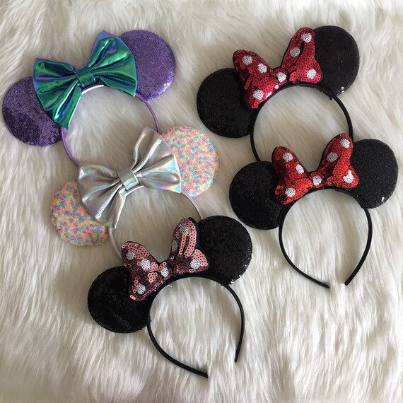 Sequin Mouse Ears Headband Pastel Rainbow Ears Silver Bow  display picture 2