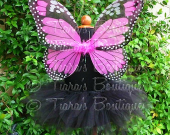 Girls Butterfly Costume - Black 8'' Pixie Tutu & 15"x13" Monarch Butterfly Wings, Baby Halloween Costume - Red Orange Green Blue Purple Pink