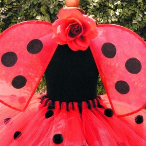 May include: Red tulle tutu with black polka dots and red ladybug wings with black spots. The wings are attached to a black bodice with a red rose.