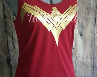 Superhero Woman Costume Shirt, Super Hero Woman Breastplate Emblem Gold Maroon Shirt
