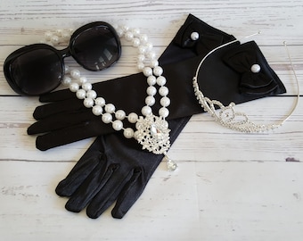 Classic Movie Star Old Hollywood Glam Style Costume Accessories Faux Pearl Necklace Rhinestone Tiara Glasses Black Gloves for Girls