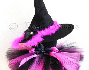 Halloween Witch Tutu Costume Set, Black Pink Witch Costume, Girls Witch Tutu Set, Roxy, the Rockabilly Witch, 10" Tutu & Witch Hat