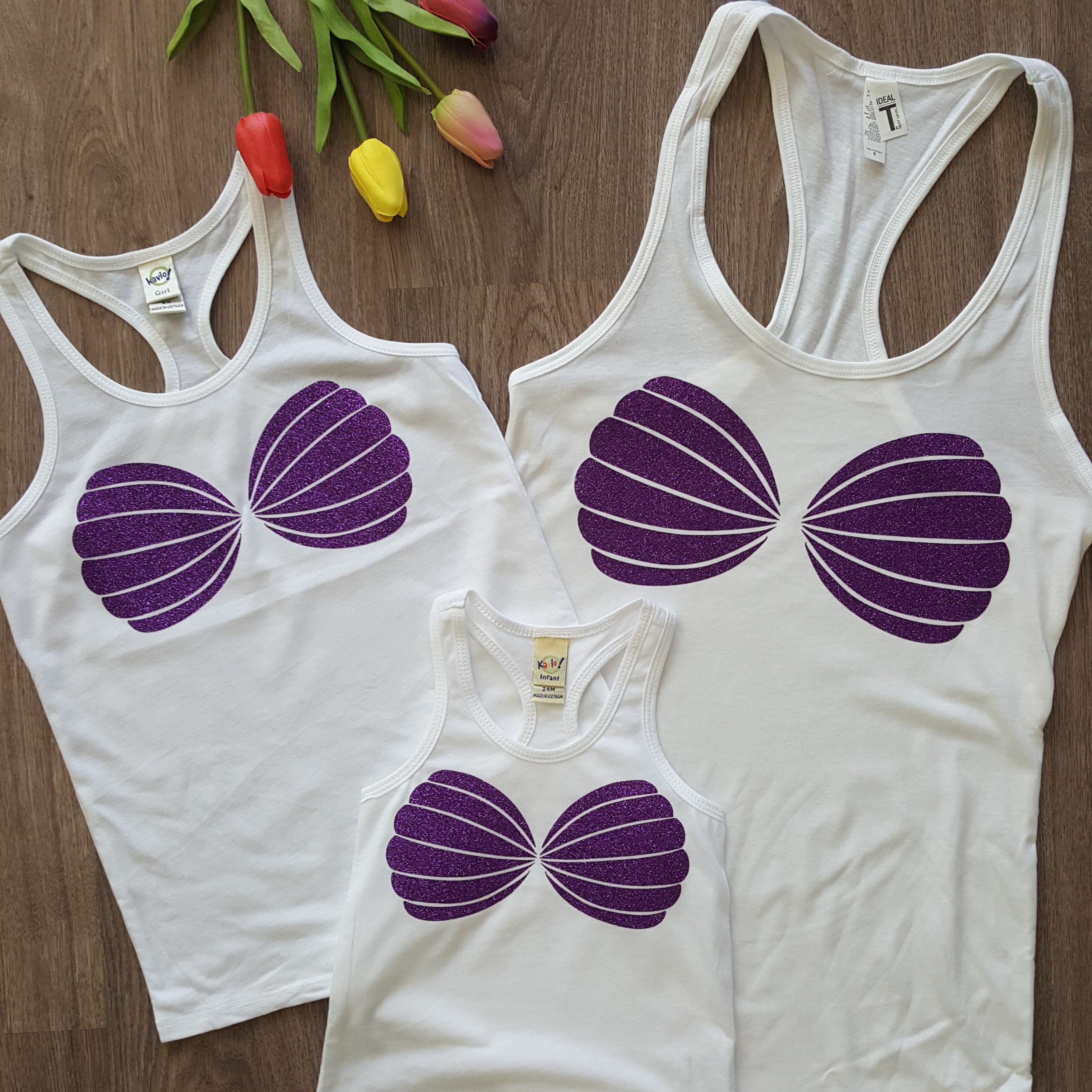 DIY Mermaid Shirt, Mermaid Seashell Bra Top, 1 Set of Sea Shells, Lavender Purple  Glitter Vinyl Iron-on Appliques for Babies Kids Women 