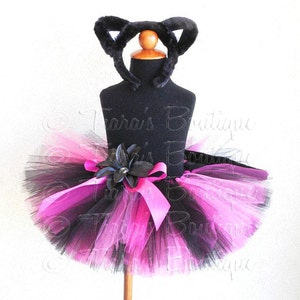 Black Pink Tutu Costume Set, Cat Tutu Halloween Costume, Ballerina Kitty, Custom Sewn Tutu, Cat Ears Headband and Cat Tail image 1