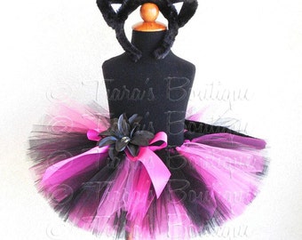 Black Pink Tutu Costume Set, Cat Tutu Halloween Costume, Ballerina Kitty, Custom Sewn Tutu, Cat Ears Headband and Cat Tail