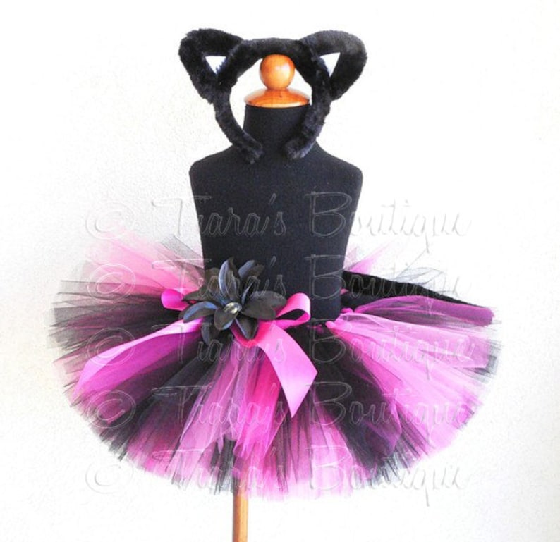 Black Pink Tutu Costume Set, Cat Tutu Halloween Costume, Ballerina Kitty, Custom Sewn Tutu, Cat Ears Headband and Cat Tail image 1