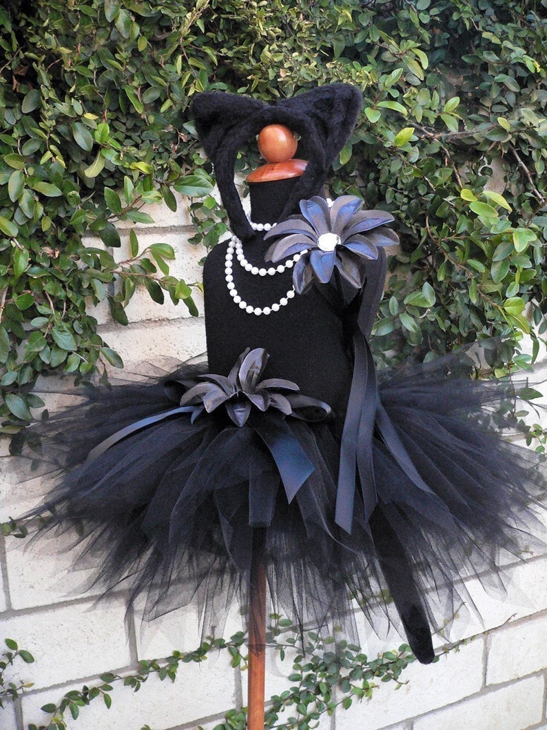 Midnight Black Cat Tutu Costume Set Sewn 11'' pixie tutu, black kitty ears headband, removable tail newborn up to 5T image 2