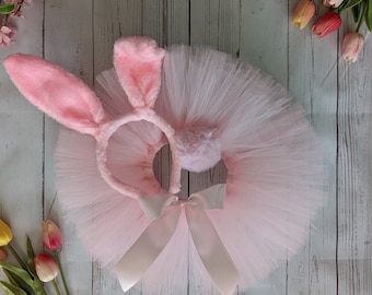 All Pink Bunny Tutu Set Girls Easter Pink Bunny Ears and Pink Tail Pink Tutu Baby Toddler First Birthday Bunny Costume