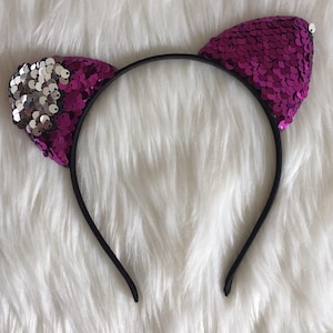 Sequin Cat Ears Headband Purple Silver Girl&#39;s Headband Costume Accessory Reversible Color Changing Birthday Cat