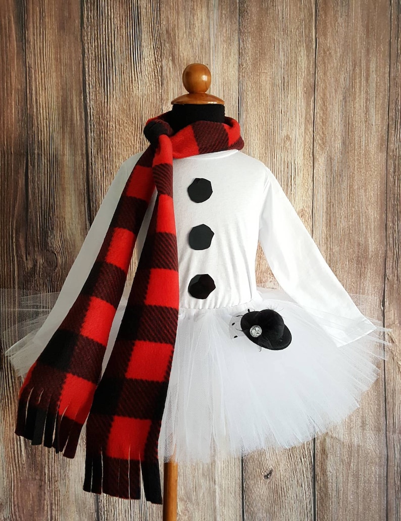 Snowman tutu set, girls snowman tutu costume, long sleeved shirt, less full tutu, red buffalo plaid scarf and mini top hat for girls image 1