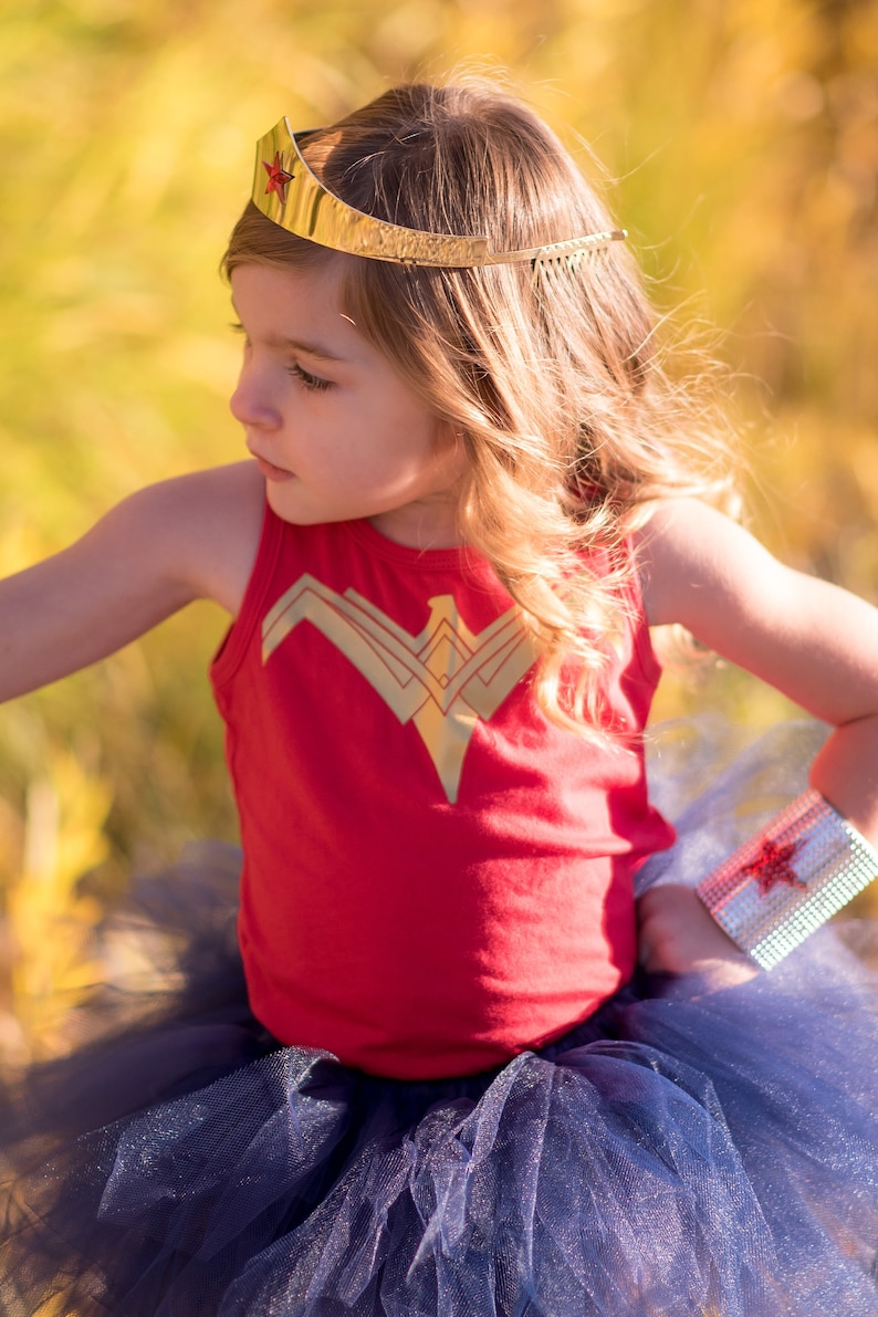 New Wonder Woman Tutu Costume 2017 Wonder Woman Tutu Set Red and Gold Wonder Woman Shirt /& Navy Blue Extra Full Pixie Tutu Skirt