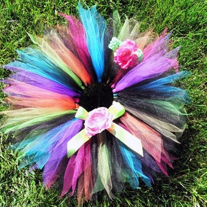 Tutu Girls Tutu Birthday Tutu black with neon rainbow 11'' pixie tutu and headband set SO CAL PUNK sewn tutu Photo Prop image 1