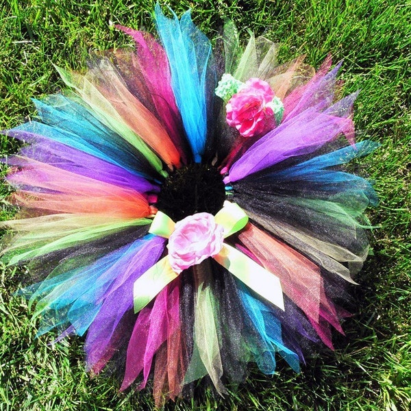 Tutu - Girls Tutu - Birthday Tutu - black with neon rainbow 11'' pixie tutu and headband set - SO CAL PUNK - sewn tutu - Photo Prop