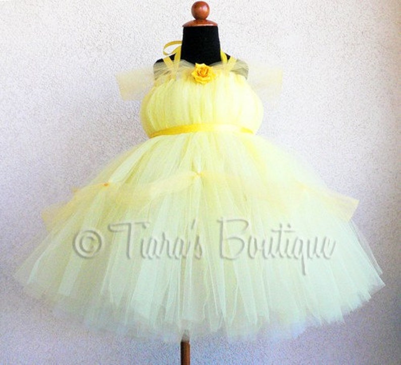 Belle Inspired Tutu Dress Includes a Belted Tutu Dress with Draping Tulle Sleeves and Decoration Yellow Princess Tutu Dress