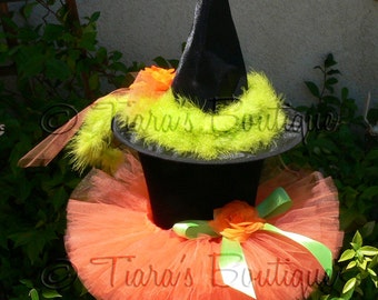 Witch Tutu Costume Halloween - Penelope, the Pumpkin Witch - Orange Sewn 6" Tutu and Decorated Witch Hat