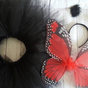 Baby, Toddler, Girls Halloween Costume - Sewn 8&#39;&#39; Black Pixie Tutu & 15&quot;x13&quot; Monarch Butterfly Wings - Pink Orange Red Blue Green Purple
