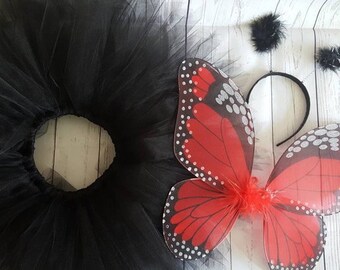 Baby, Toddler, Girls Halloween Costume - Sewn 8'' Black Pixie Tutu & 15"x13" Monarch Butterfly Wings - Pink Orange Red Blue Green Purple