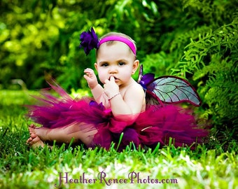 Girls Tutu and Wings Custom Fairy Costume, Black Cherry Garden Pixie, 3 piece set, 11'' pixie tutu, handmade fairy wings, and headband