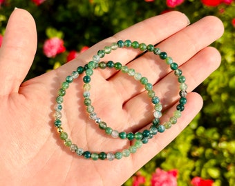 Green Moss Agate Beaded Bracelet: 4mm Dainty Crystal Healing Bracelet