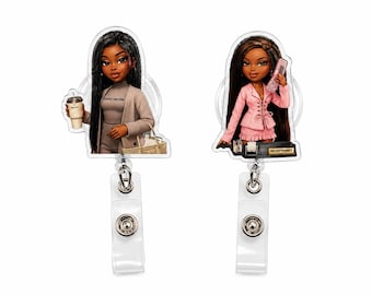 Black Girl Acrylic Badge Reel, Retractable ID Holder, Office Desk Accessory
