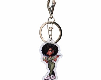 Black Nurse Badge Reel Charm, Acrylic RN Healthcare Accessory, Coffee Scrubs Keychain