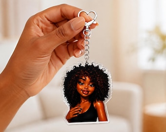 Black Woman Afro Acrylic Keychain, Melanin Bag Charm, Heart Clasp Purse Accessory