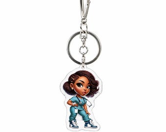 Black Nurse Keychain, Clear Acrylic Teal Scrubs Bag Charm
