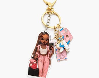 Black Girl Travel Keychain: Pink Camera, Airplane Charm, Backpack Accessory