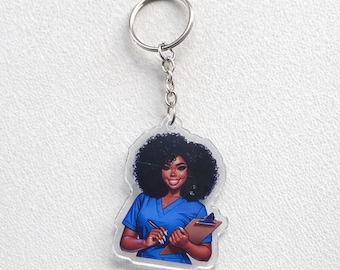 Black Nurse Acrylic Keychain: Medical Worker, RN, CNA Charm – Badge Reel Accessory