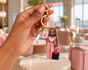Black Girl Travel Keychain: Pink Camera, Airplane Charm, Backpack Accessory