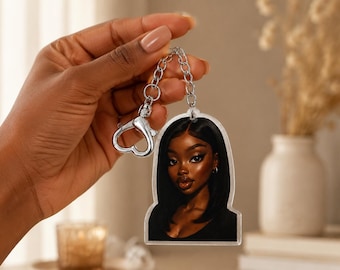 Black Woman Acrylic Keychain, Silver Heart Clasp Purse Charm, Melanin Bag Accessory