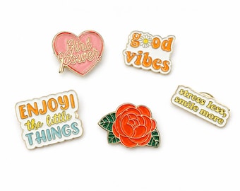 Motivational Enamel Pin Set, Positive Quote Pins, Gold Tone Metal Lapel Badge