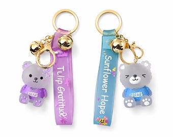 Set of 2 Bear Keychains, Tulip Gratitude, Sunflower Hope Bag Charms