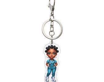 Black Nurse Keychain Charm: Acrylic Badge Reel Accessory, Healthcare Worker Bag Charm