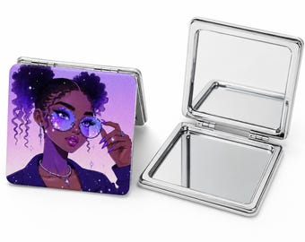 Purple Black Girl Compact Mirror, Double Sided Pocket Makeup Mirror, Melanin Gift