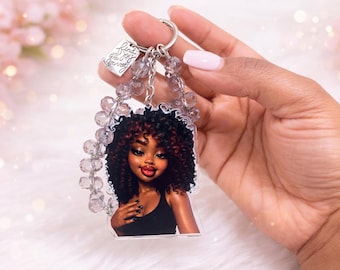 Black Girl Acrylic Keychain with Purple Faceted Beads, Melanin Charm Bag Accessory