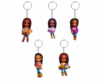 Black Girl Book Lover Keychain, 2D Reader Charm, Backpack Accessory (Flat Design)
